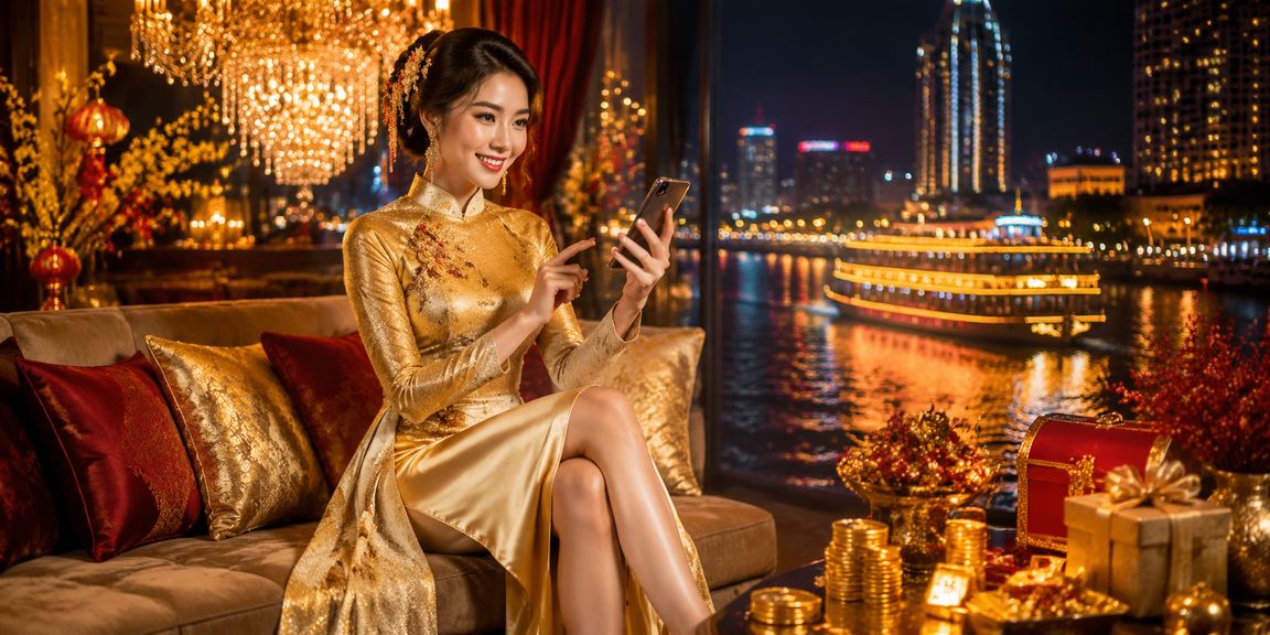 Người chơi trải nghiệm casino trên điện thoại tại vùng sông Mê Kông với trang phục áo dài